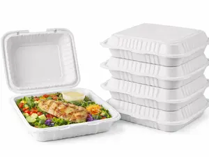150 8inch x 8inch One Time Use Plastic White BPA Free Food Prep Clamshell Box, Nut Container, Bento Box, Fast Food Take Out Box, BBQ Box, Portable, Stackable, Extra Thick, Microwavable, Freezer Safe, Disposable, Dish Washer Safe.