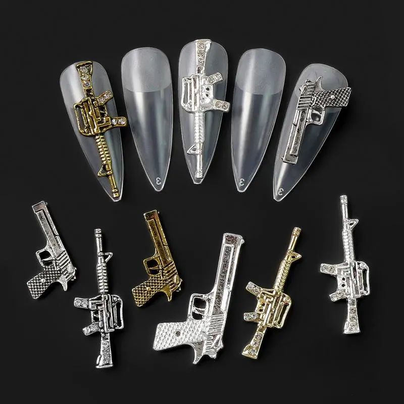 10PCS Gold Silver Metail Firearms Nail Charms Accessories Manicure Decor Nails Rifle Pistol Submachine  Design Decorations
