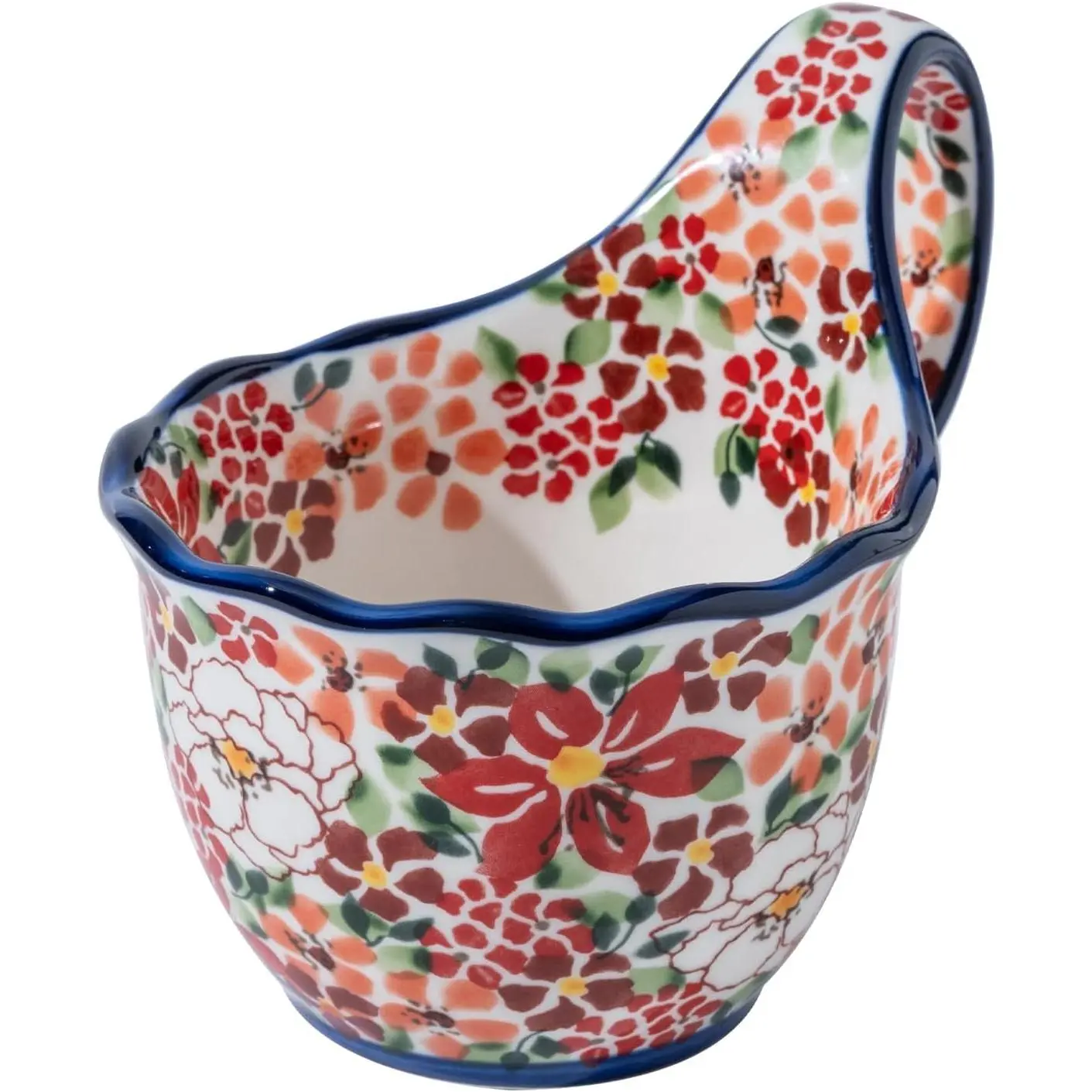 Handmade Tropical Colorful Irregular-Shaped Ceramic Serving Bowl - 18.6oz, 7.0''L x 4.7''W x 5.68''H, Handpainted, Oven-Microwavable, Loop Handle, Women's Kitchenware Tableware, Round Clay Bowl