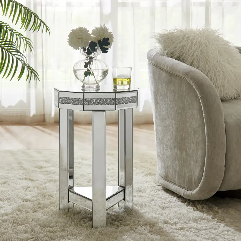 Miored Octagon End Table with Crystals Inlay, 2-Tier Modern Small Sofa Table with Storage, Silver Accent Side Table for Living Room, Bedroom, Coffee, and Small Spaces 13.8"W x 13.8"D x 21"H