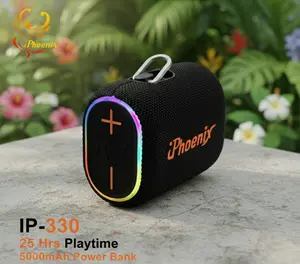 iPhoenix IP-330 Mini Portable Waterproof Bluetooth Speaker - Type-C Charging True Wireless Stereo, RGB Lighting, USB Port, Weatherproof Speaker with Built-in 5000mAh Power Bank, FM Radio, RGB LED Lighting, Outdoor Speaker, Smartphone Audio playback
