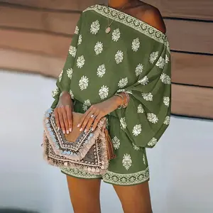 2026 Women's 2 Piece Boho OutfitLantern Sleeve Linen Top and Shorts SetBeach Vacation Summer Outfits