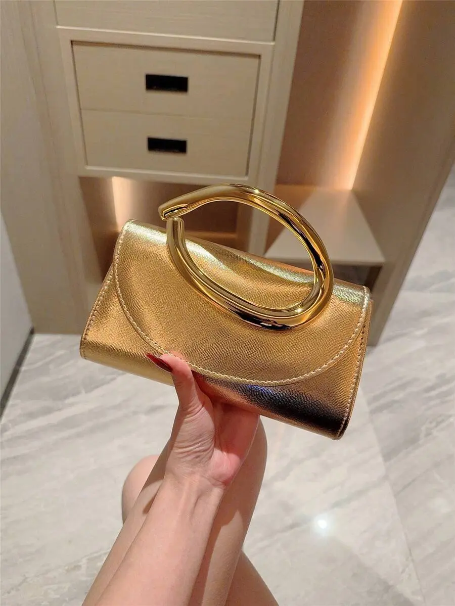 1pc European & American Fashion Metal Decor Mini Box Clutch, High-End Shiny Metal Strip Handbag For Women, Elegant Luxury Evening Bag For Formal Dresses, PU Leather Party Bag/Romantic Wedding Clutch/Prom Bag/Cocktail Bag, Suitable For School Dance, With