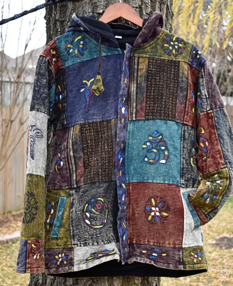Fashionable Unisex Multicolor Fleece Lined Cotton Hoodie Handmade Patchwork Double Layered Jacket