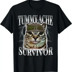 Men's Classic Casual Short-Sleeve Round Neck Cotton Graphic T-Shirt - Smooth, Ribbed, Knit, Seamless Fabric - Tummy Ache Survivor Cat Meme Funny Saying Menswear Top
