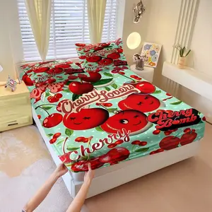 3Pcs Cherry Pattern Fitted Sheet Set, Vibrant Turquoise Bedding with Playful Cherry and Leaf Design, Whimsical Aesthetic, Perfect for Cheerful Bedroom Makeover and Unique Gifts. Includes 2 Pillowcases, No Pillow Core