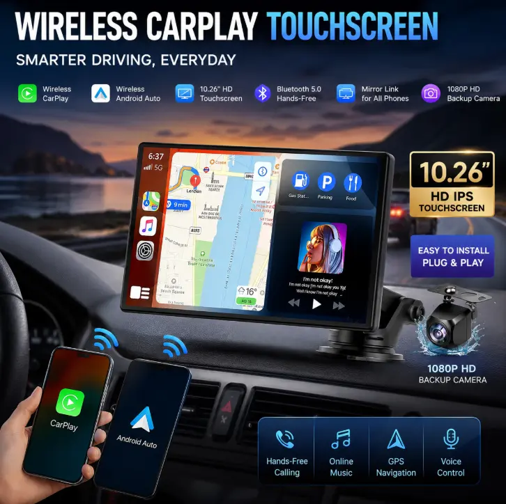 9-Inch Portable Wireless CarPlay & Android Auto Touchscreen Car Video Player - Plug & Play, OTA Updates, Backup Camera Compatible, Screen Mirroring, Voice Control, GPS, Bluetooth 5.0, FM/AUX Support