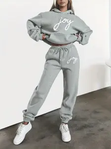 Women's Hooded Sweatshirt Set, Fall & Winter Casual Fitted Design, Handwritten Text Print, Sporty Athletic Style, Daily Wear, Coffee Shop, Shopping