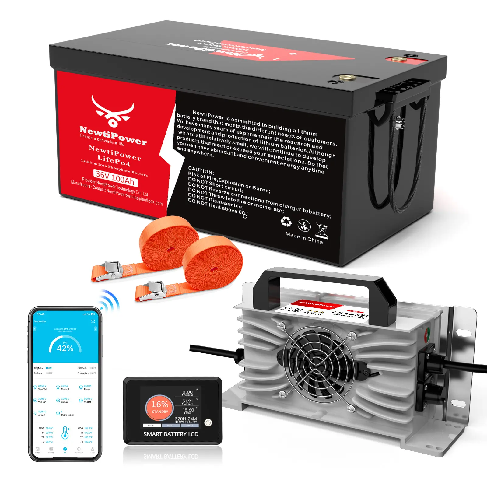NT36-100Blu 36V 100Ah LiFePO4 Lithium Ion Battery with App Control, 200A BMS Safety, 7.6kW Continuous Power, Up to 10000+ Rechargeable Cycles for Marine Vehicles, Power Backup Systems