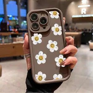 Smiley Face Floral Pattern Case for iPhone 16 15 14 Pro Max 13 12 11 XR XS Plus Non-Yellowing Drop Protection Transparent Silicone Cover