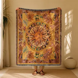 Golden Sun Pattern Bohemian Yarn Jacquard Woven Blanket with Tassel, Thick Soft Washable Blanket, Used for Home Decor Sofa Chair Bed Tapestry Tablecloth Floor Garden Picnic Outdoor Camping