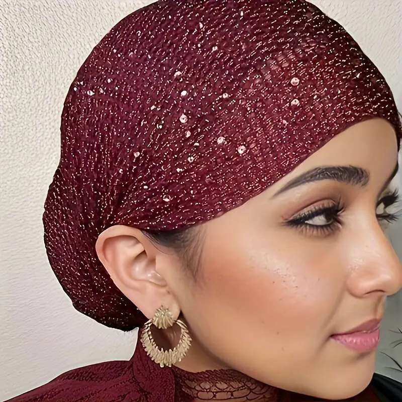 Women's Red Hair Bonnet, Turban Style Sleep Cap with Rhinestone Accents, Soft Lightweight Fabric with Adjustable Elastic Drawstring, Lightweight Materials