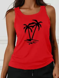 Women's Cartoon Tropical Coconut Tree Print Sports Tank Top, Casual Sleeveless Round Neck Top for Yoga Gym Workout, Ladies Sportswear for All Seasons
