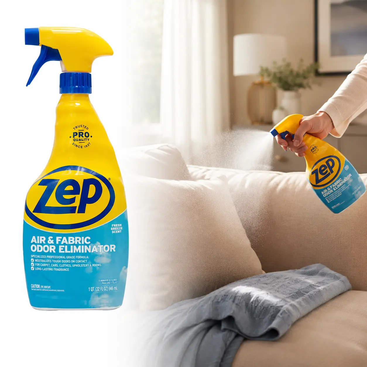 ZEP 32 oz Blue Sky Air and Fabric Odor Eliminator,odor neutralizer,Blue Sky scent,lasting scent,air freshener,fabric refresher,carpets,rugs,upholstery,clothing,bedding,cars,home,office,pet odors,food smells,stubborn odors,high traffic areas,spray bottle