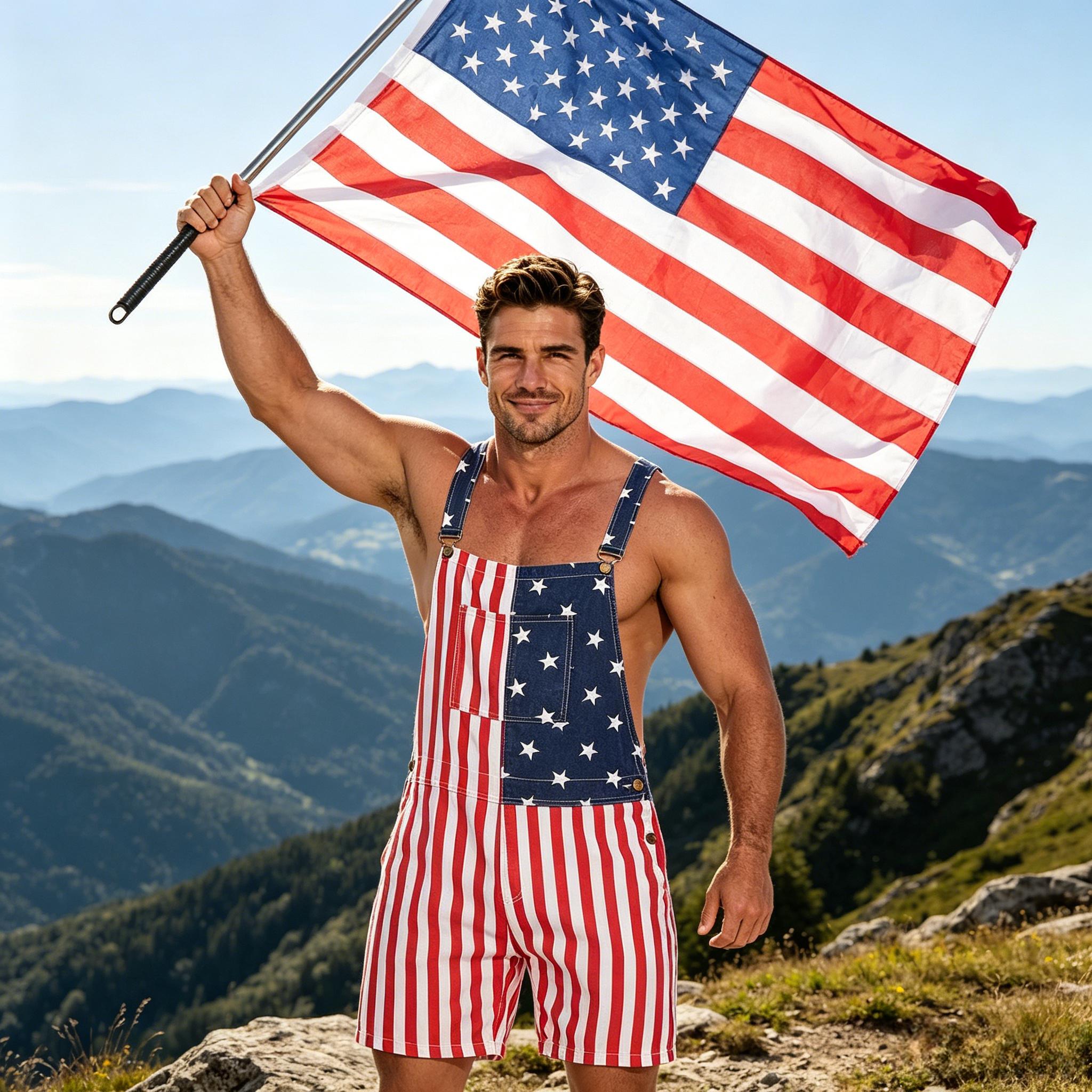 Men's Patriotic 250th Anniversary Stars-and-Stripes Flag Overalls Shorts - Menswear for Independence Day Celebration, American Flag USA 4th of July Party Wear, Work Bib Coveralls Romper Jumpsuit Gifts