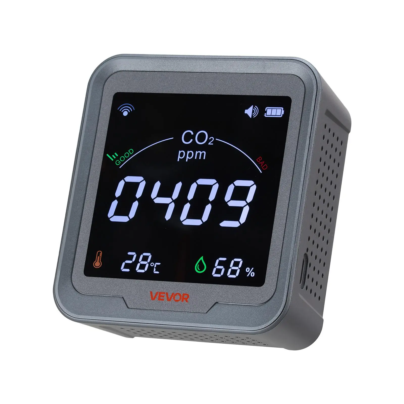 VEVOR Battery Powered Carbon Dioxide Detector - NDIR Sensor CO2 Controller with Temperature & Humidity Large Display, 0.46 lbs, 2000mAh Battery, 400-5000ppm Range, Wall-Mounted for Indoor Monitoring, Home Use, Father's Day Gift