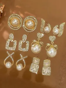 6pairs  Rhinestones & Pearl Decor French Luxurious Elegant Ear Studs Earrings Set, Suitable For Daily & Holiday Wear Stud Earring Jewelry