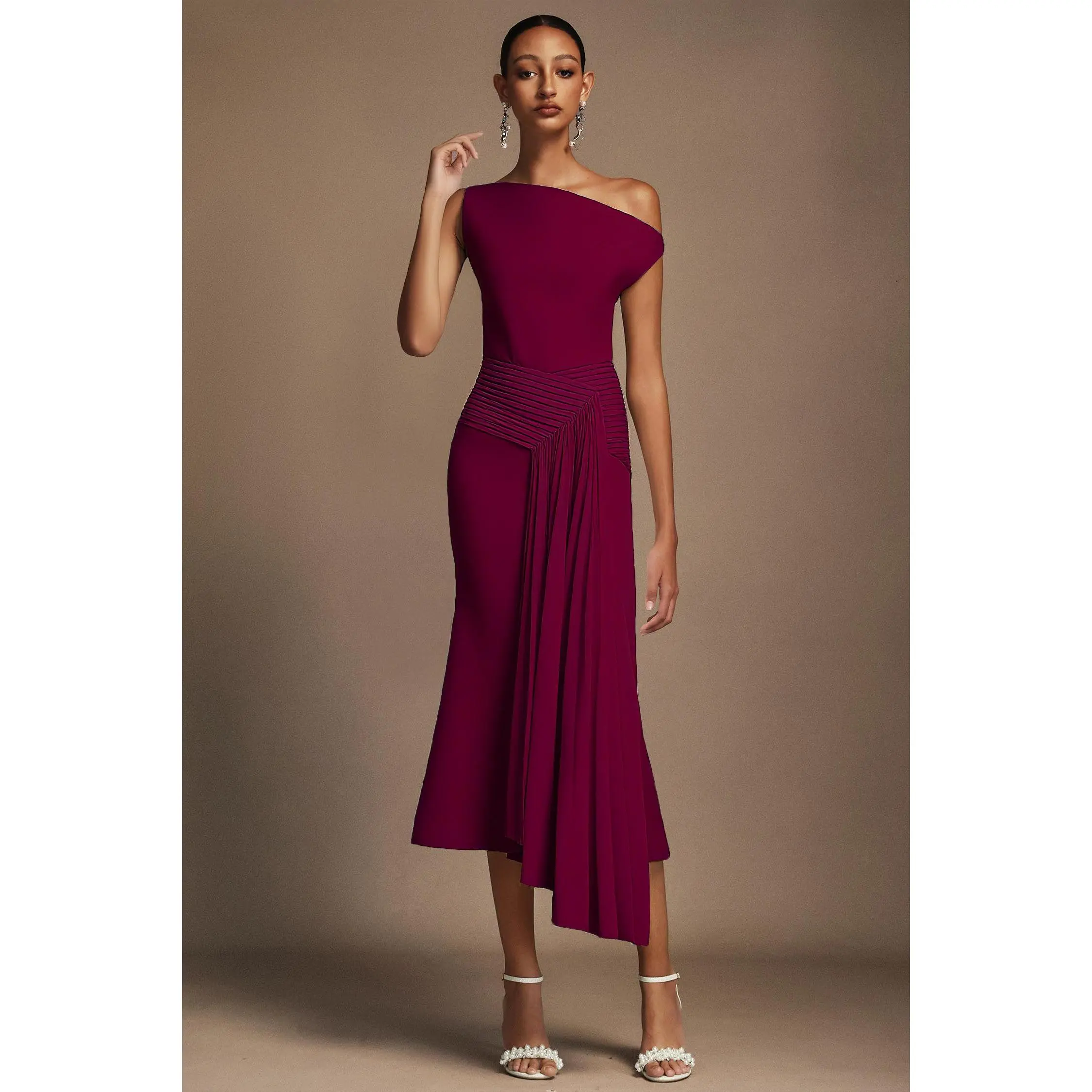BellaBarnett Paulina Oblique Shoulder Sleeveless Folds RosePink Midi Dress  - TikTok Shop