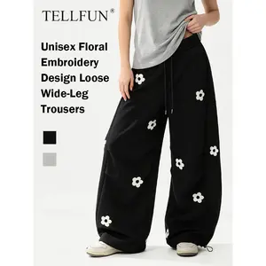 TELLFUN Men's Floral Embroidery Harem Pants, 2026 Spring Menswear, Elegant Elastic Waist Drawstring, Loose-Fitting Baggy Wide Leg Cotton Joggers, All Seasons Casual Y2K Streetwear Vintage Bottoms
