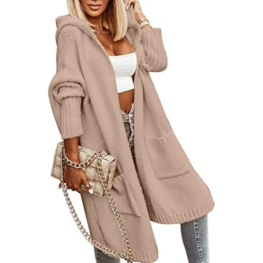 Imily Bela Womens Long Cardigans Cable Knitted Open Front Oversized Hooded Outerwear Sweater Coa