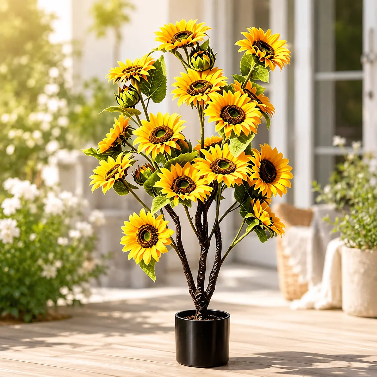 3FT Potted Artificial Sunflower Tree, Lifelike Yellow Faux Flower Plant with Black Pot for Living Room, Bedroom, Office, Entryway and Home Decor