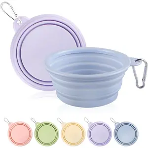 Collapsible Dog Bowls 2-Pack Portable Travel Dog Bowl with Carabiner Food-Grade Silicone Pet Bowl for Hiking Walking (Macaron Blue and Violet)