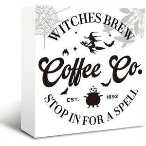 Rustic Witches Brew Coffee Sign - Wooden Plaque 5x5 inch, Halloween & Farmhouse Decor for Tabletop & Shelf