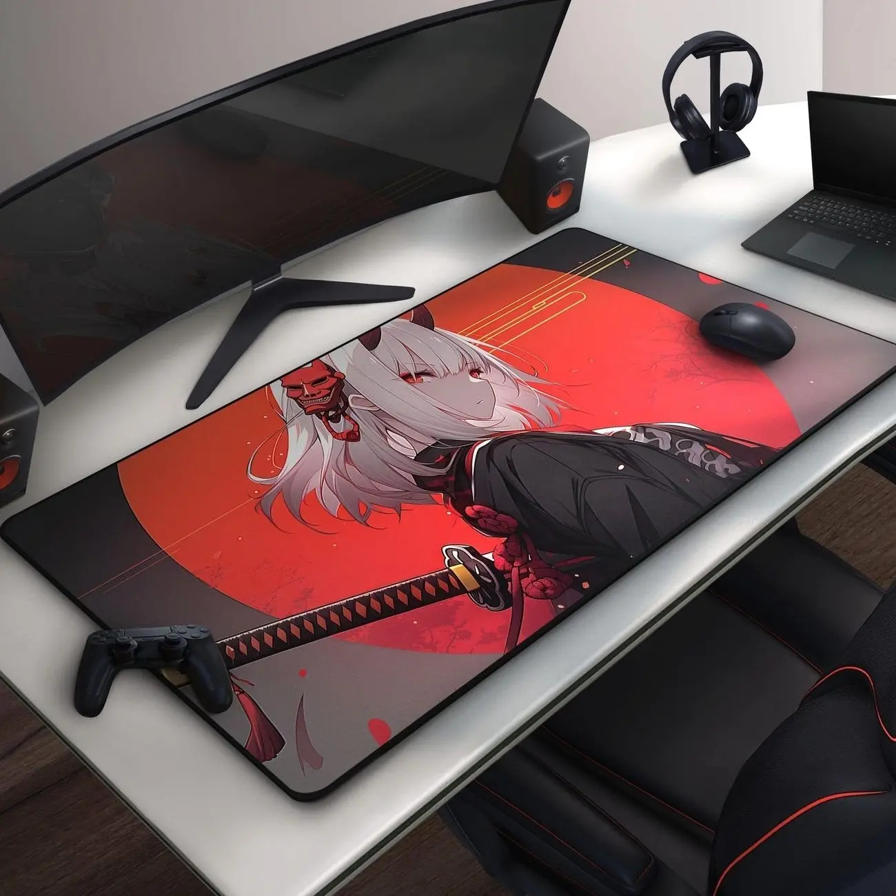 The Crimson Oni - Oni Samurai Mousepad, Anime Katana Girl Desk Mat, Aesthetic Gaming Decor, Large Extended Mouse Pad, Desk Accessories