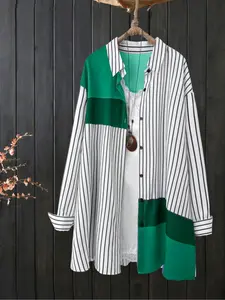 Plus Size Women's Colorblock Striped Long Sleeve Woven Shirt & Blouses, Casual Fashion Top, Comfortable Fit, Perfect for Daily Wear & Office, Spring