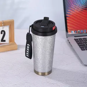 Silver 316 stainless steel coffee cup with lid/double straw leak-proof design, wide mouth easy to clean, slender base, suitable for school, hiking, office, car cup holder, 18oz compact and lightweight