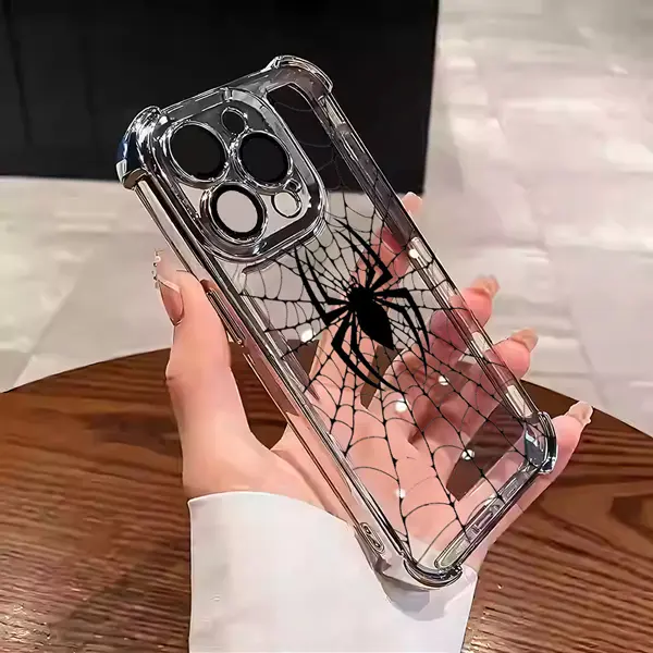 Dark Spider For iPhone 17/16/15/14/13/12/11/Xs Pro Max Plus Electroplated Frame Clear TPU Phone Case Full Camera Protection, Four-Corner Airbag Shockproof & Anti-Drop Silver Black SierraBlue