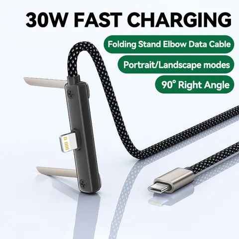 KAXOE 30W Output 90-Degree Angled Fast Charging Cord with Built-in Folding Phone Holder - Charger for iPhone/iPad, USB to Lightning Cable for iPhone 11-14 Pro Max, Smartphone Cellphone Accessory