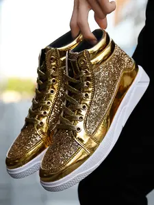 Men's Glitter Lace Up High Top Sneakers, Glitter Design Sneakers, Casual Sporty Breathable Comfortable Shoes for Daily Wear, Fashionable Sports Shoes for All Seasons