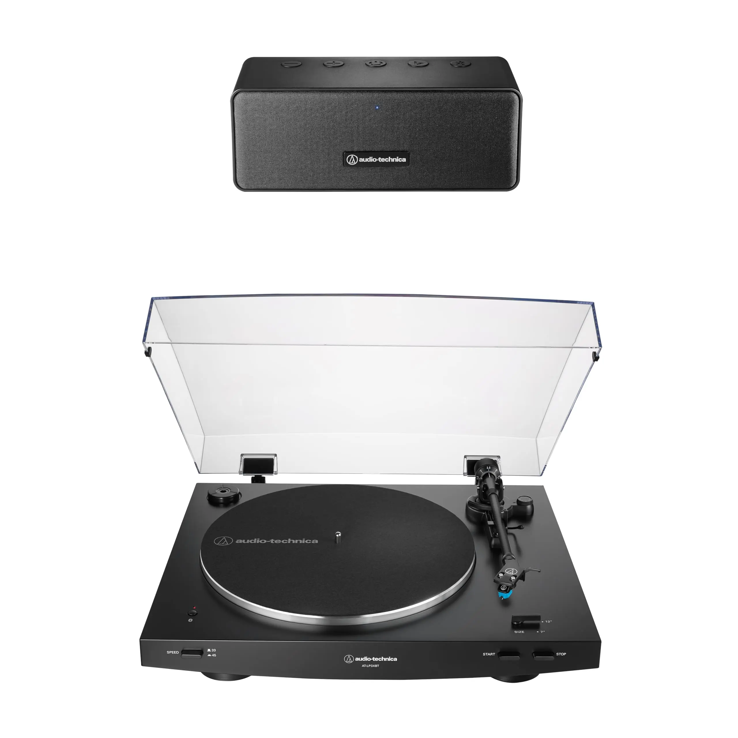 Audio-Technica ATLP3XBTBKP2 Vinyl Turntable Speaker Pack - Black, Bluetooth, Wireless, Portable, with Included Cable