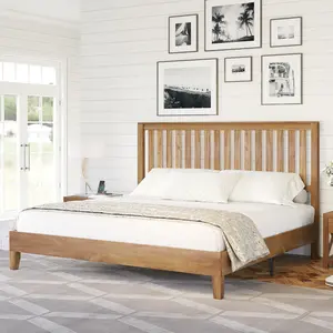 AMERLIFE Solid Wood Bed Frame, Mid-Century Wooden Platform Bed with Grille Headboard, Wood Slat System/No Box Spring Needed/Noise Free