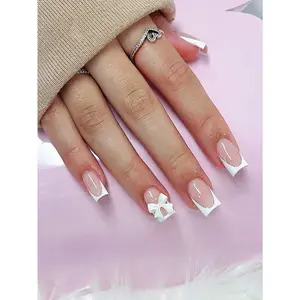 24pcs Short Square French Nails – Chic White 3D Bow Press-On Set for Women & Girls