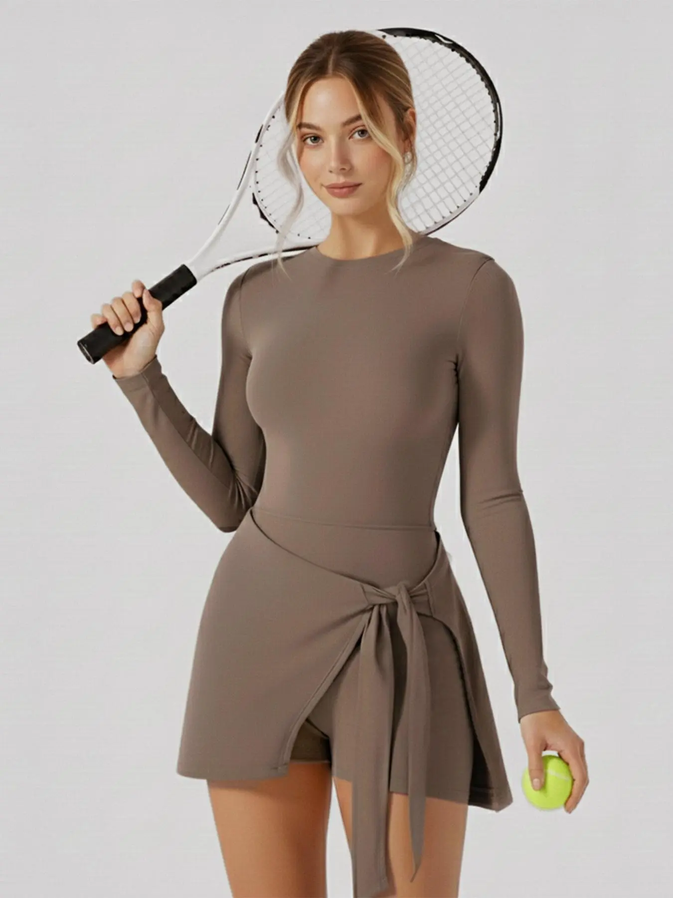 Vitalinovo Female Long-Sleeve Activewear Dress - High-Neck Solid Workout  Athletic Dress with Wrap Skirt, Built-In Shorts, 92% Nylon 8% Elastane,  Machine Washable for Tennis, Golf - TikTok Shop