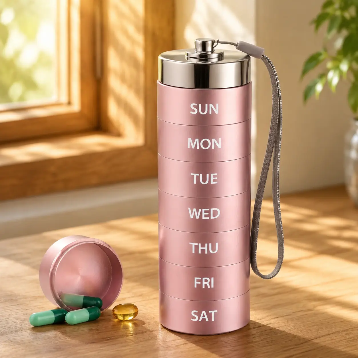 Portable 7-Grid Metal Pill Organizer, Large Capacity Stackable Waterproof Weekly Pill Box, Durable Aluminum Alloy Pill Storage Case for Vitamin Fish Oil Supplement, Home Office Travel Medicine Organizer