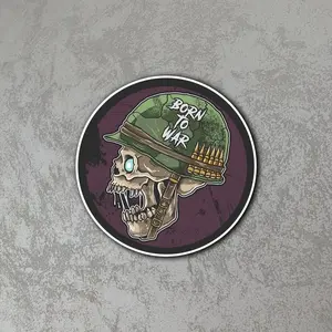 Born To War Skull Soldier Helmet Sticker, Vinyl Decal, Waterproof Laptop Car Bumper Graphic, Durable Sticker, Gift Idea