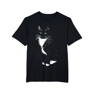 Unisex Black Tuxedo Cat Print T-Shirt, Soft Breathable Cotton Crew Neck Short Sleeve, Daily Gym Streetwear & Office Casual Gift for Cat Lovers