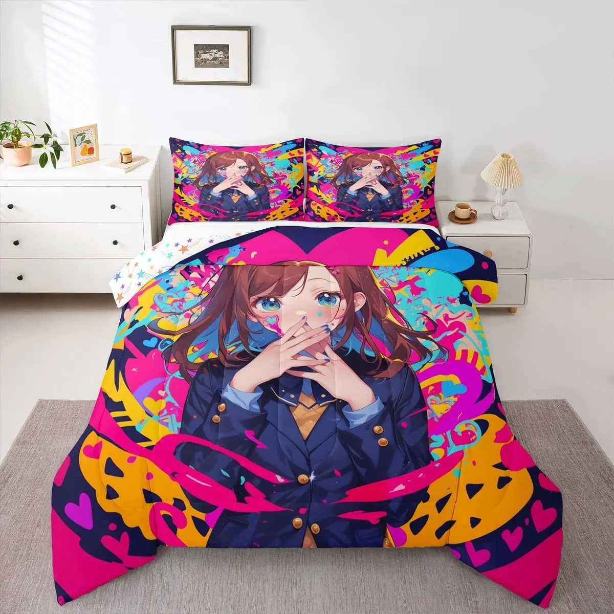 Anime Bedding Set,Japanese Anime Comforter Set 3 Piece Adult Bedroom Decor,Cartoon Quilt Kawaii Japanese Animation Bedding Comforter Sets