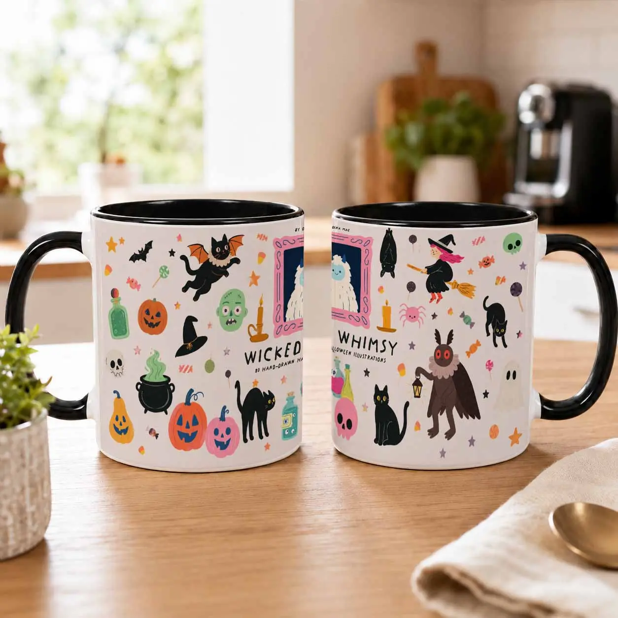 Wicked Whimsy Halloween Mug (11oz/15oz)  Cute Witch Cat Pumpkin Illustration  Durable Ceramic Heat Resistant Coffee Cup  Perfect for October Party Home Office Use  Spooky Holiday Gifts for Friends Coworkers Enthusiasts