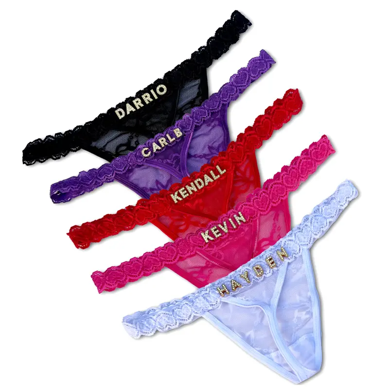 Custom Thong with Gold Letters – Personalized Lace String Panties for Women, Custom Name Thong, Breathable Lingerie Gift