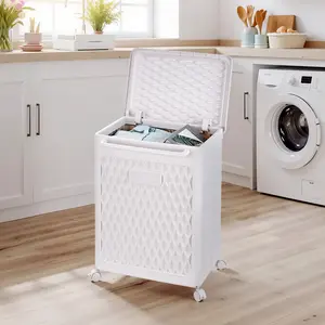 VECELO Large Laundry Hamper With Wheels And Lid, Plastic Laundry Basket With Handle, Rolling Laundry Bin For Bedroom, Bathroom, Dorm, Or Laundry Room