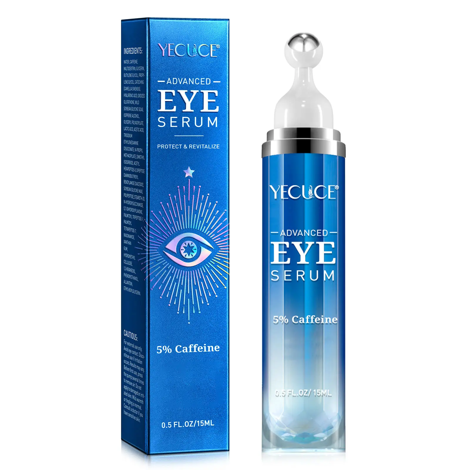 Yecuce 5% Caffeine Roll-On Eye Repair Cream Serum - 360° Massage Ball Roller, Hyaluronic Acid, Niacinamide, Paraben-Free, Unscented, All Skin Types, Under-Eye Hydrating & De-Puffer for Adults, Roll-On Eye Treatments summerwins