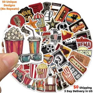 50 Pack Vintage Movie Cinema Stickers With Popcorn Clapperboard Film Reel And Oscar Inspired Designs Waterproof Pvc Matte Reusable Perfect For Movie Night Decor Laptop Water Bottle And Bedroom Wall Ideal For Film Buffs And Retro Aesthetic Lovers
