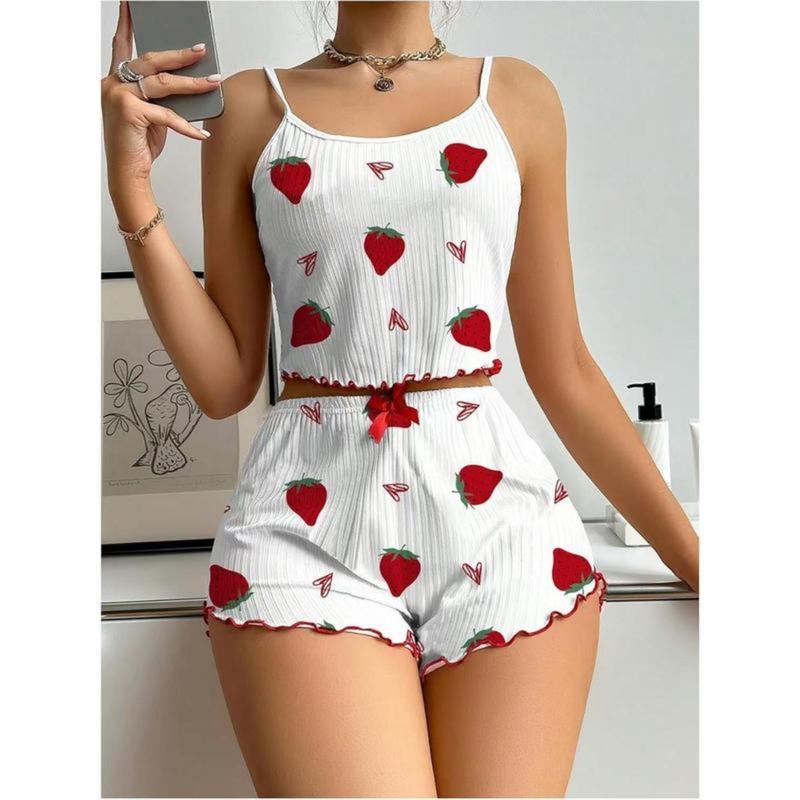 Casual Pajama Set with Cherry and Heart Print Spaghetti Strap Top and Ruffled Hem Shorts Soft Polyester Spandex Blend 95 5 180g m² Comfortable All Season Loungewear Perfect Valentine s Day Gift for Women Fabric Womenswear Everyday Feminine