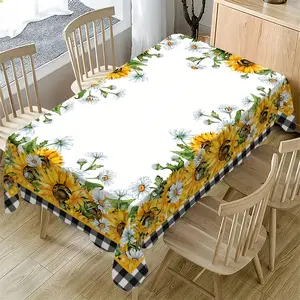 Thanksgiving Tablecloth - Black and white checkered edge design, bright floral decoration, suitable for family gatherings, weddings, parties, picnics and outdoor dining, durable polyester fabric, easy to clean festive tableware, ideal gift choice