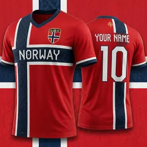 Custom Norway Soccer Jersey with Name Number, Personalized Norway Football Shirt, Red Blue White Nordic Cross Tee, Norway Flag Jersey, Graphic Print Viking Fan Gear, Customizer Sportswear Outfit, NO, NOR Country Soccer Top
