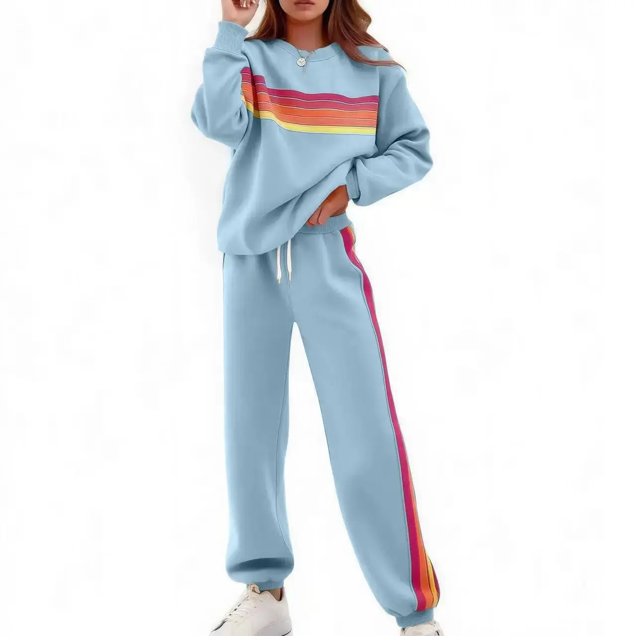 Women's 2-Piece Winter Casual Sports Set - Rainbow Striped Color-Blocked Top, Comfortable Casual Pants